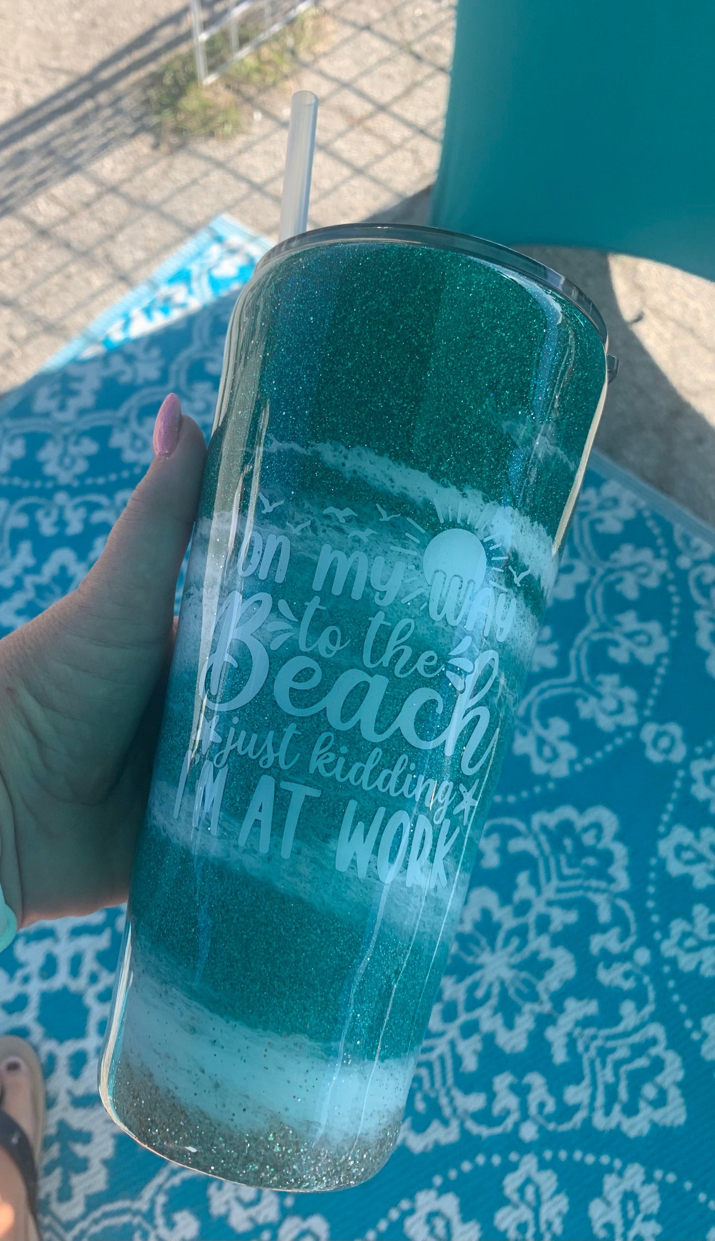 On my way to the beach, JK I'm at work beach epoxy tumbler (flip flops)