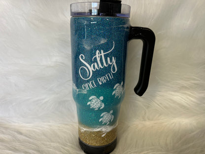 Salty since birth with turtles glitter epoxy tumbler