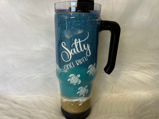 Salty since birth with turtles glitter epoxy tumbler