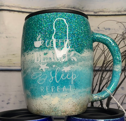 Coffee Beach Sleep Repeat Glitter beach epoxy tumbler