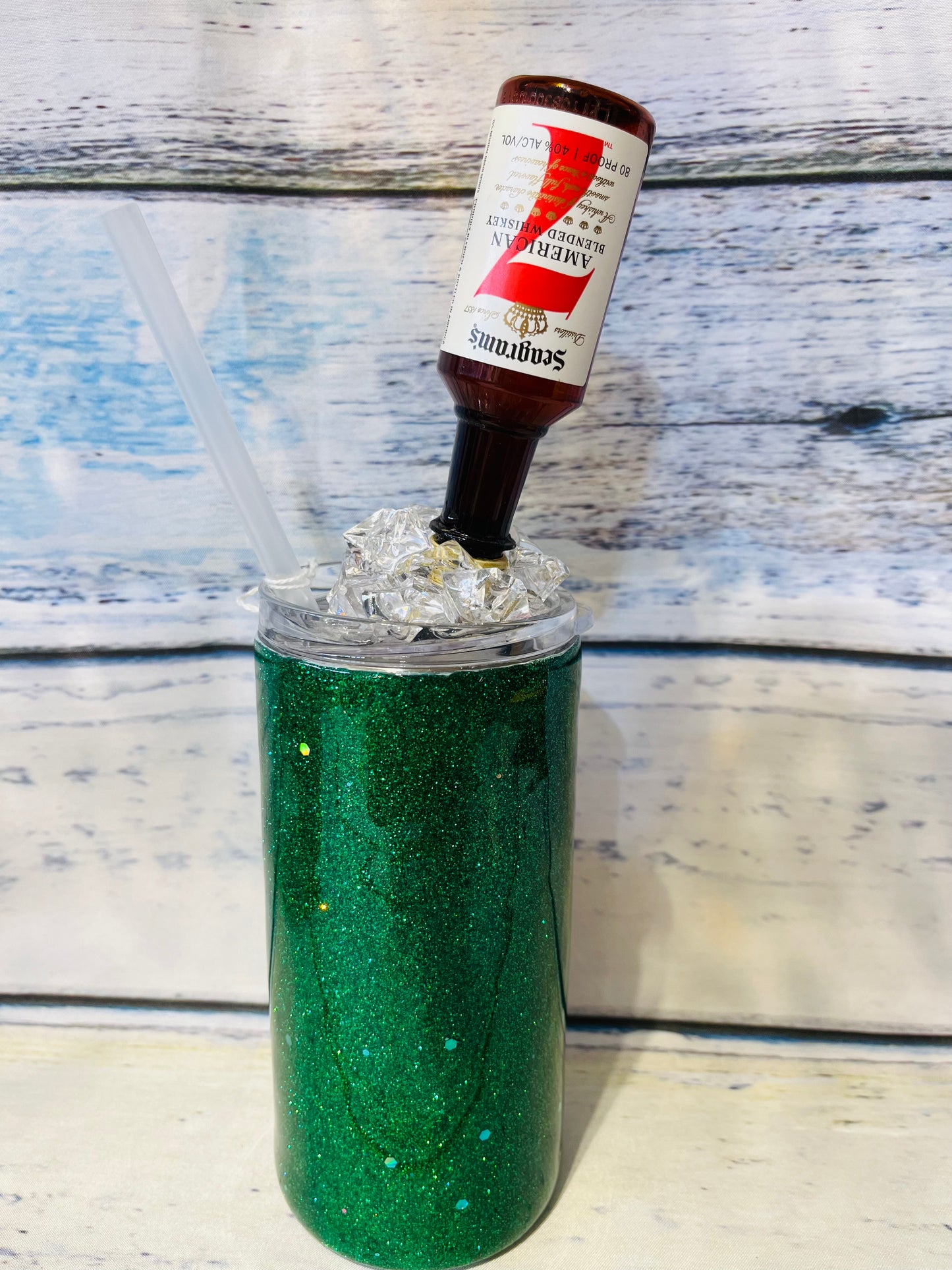 Seagrams whiskey topper glitter epoxy tumbler