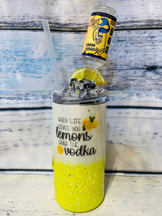 When life gives you lemons Grab the vodka topper glitter epoxy tumbler