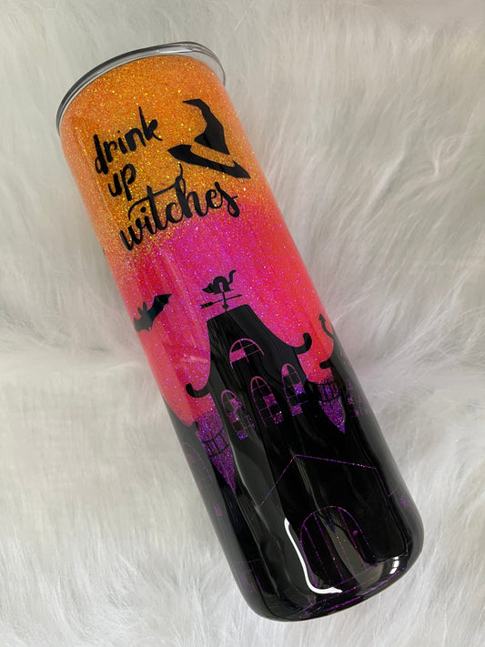 Halloween haunted house glitter epoxy tumbler