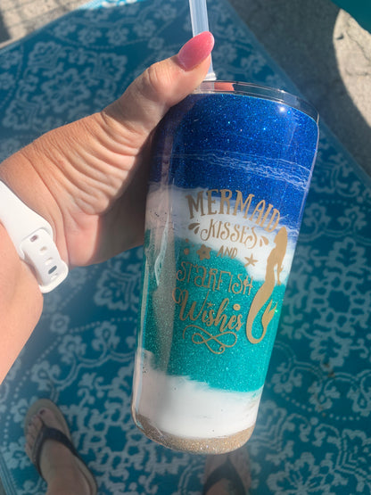 Mermaid kisses and starfish wishes Glitter beach epoxy tumbler