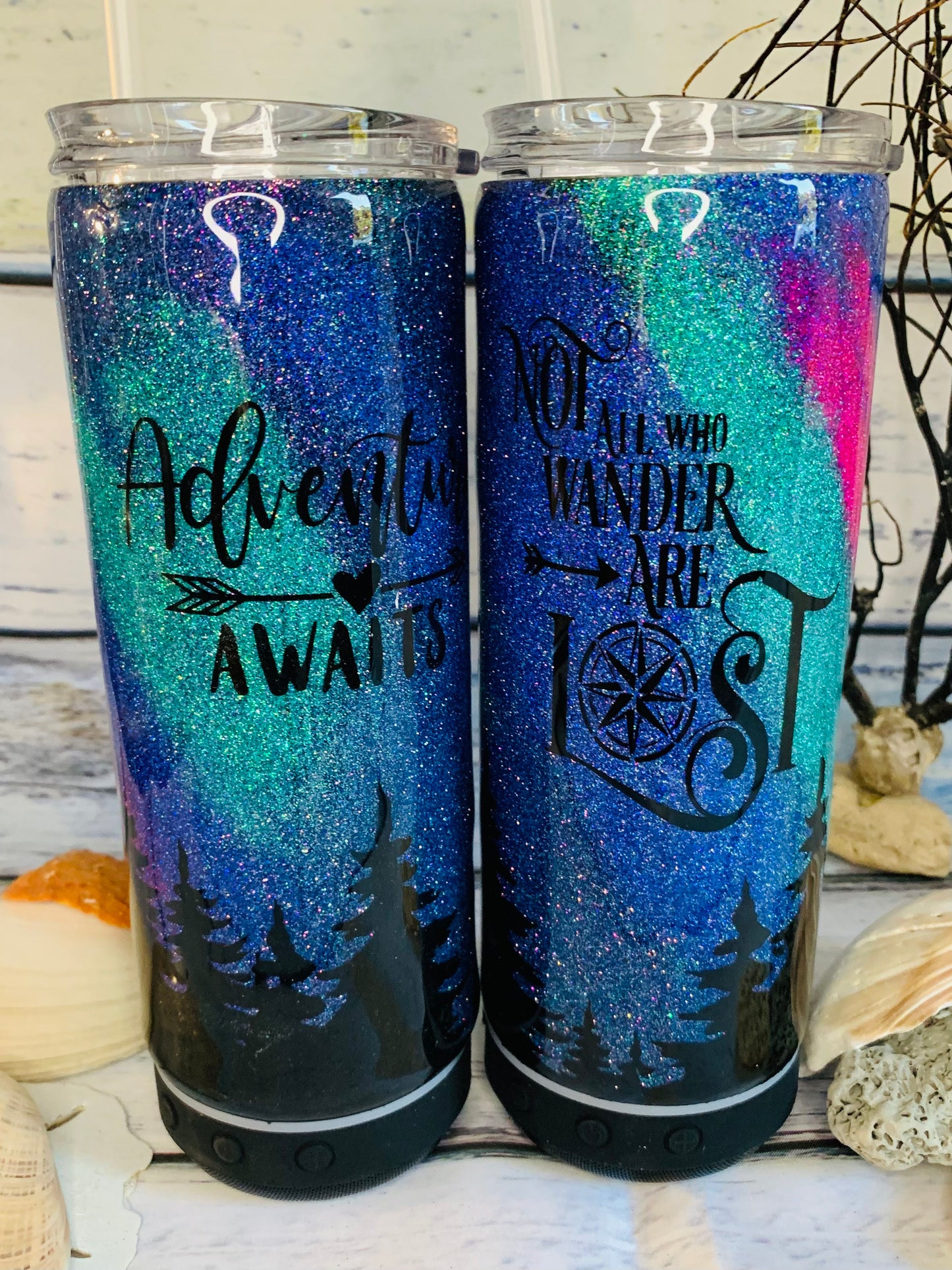 Glitter northern lights adventure tumbler with speaker