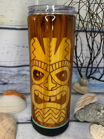 Tiki wood grain tumbler with speaker