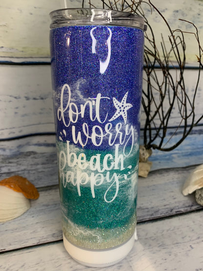 Don't Worry Beach Happy Glitter beach epoxy tumbler