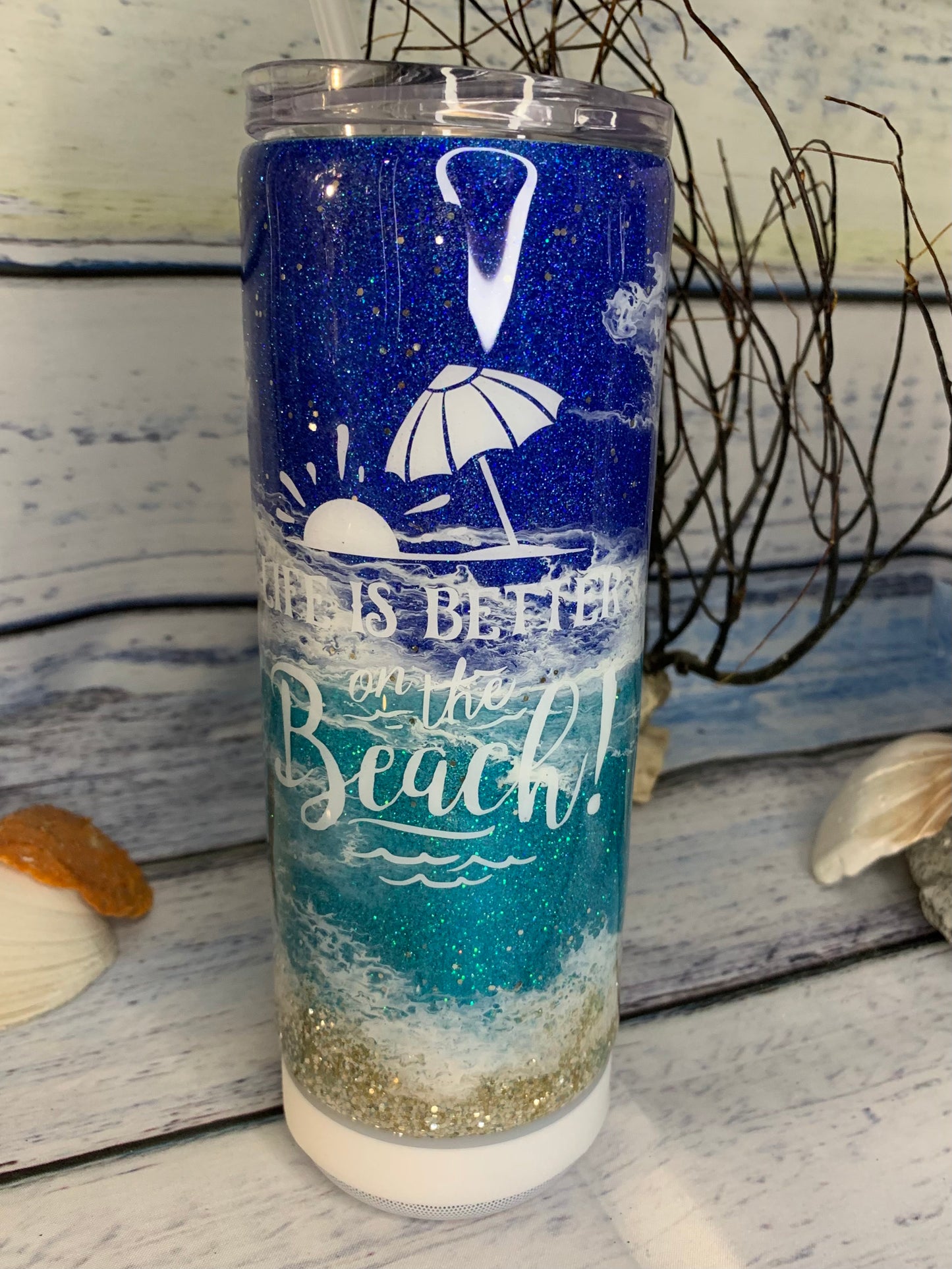 Life is better at the beach (umbrella) Glitter beach epoxy tumbler