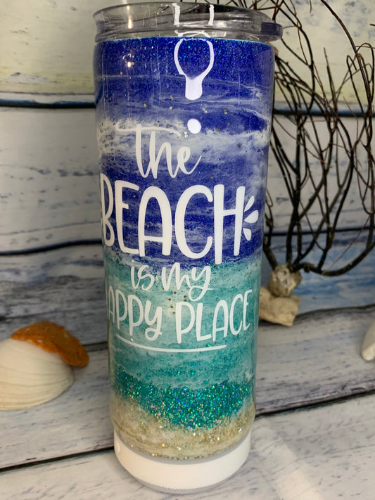 The beach is my happy place Glitter beach epoxy tumbler