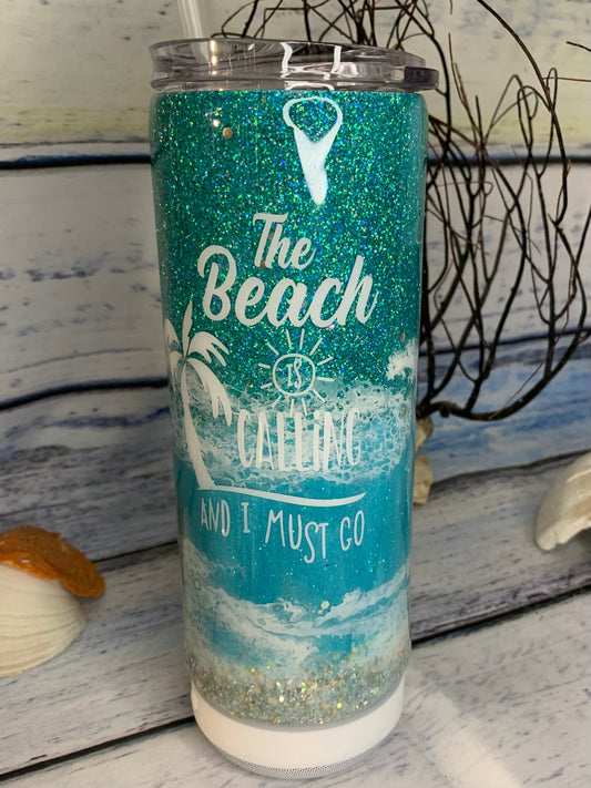 "The beach is calling and I must go" Glitter beach epoxy tumbler