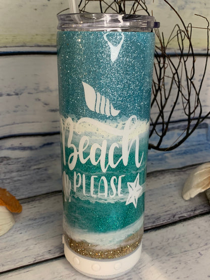 Beach Please Glitter beach epoxy tumbler