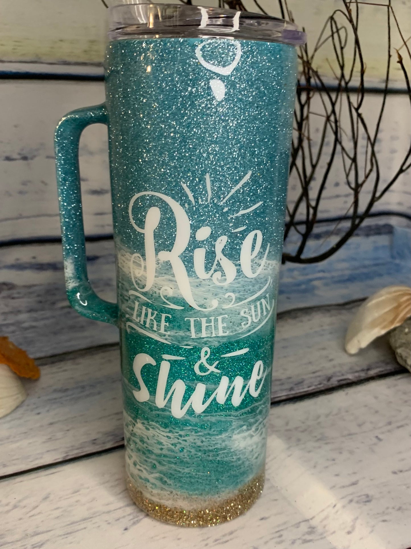 "Rise like the sun and shine" Glitter beach epoxy tumbler