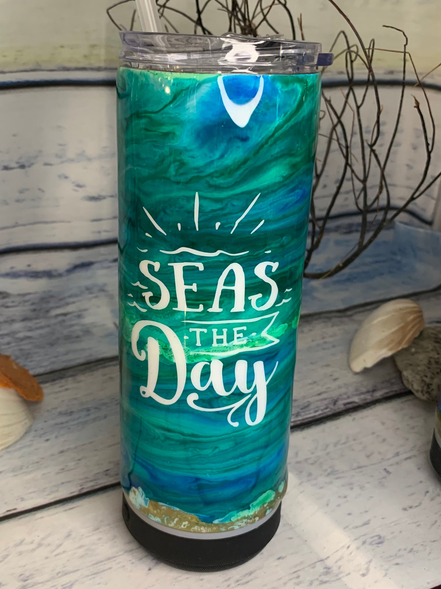 Seas the Day Glitter beach epoxy tumbler