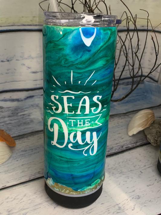 Seas the Day Glitter beach epoxy tumbler