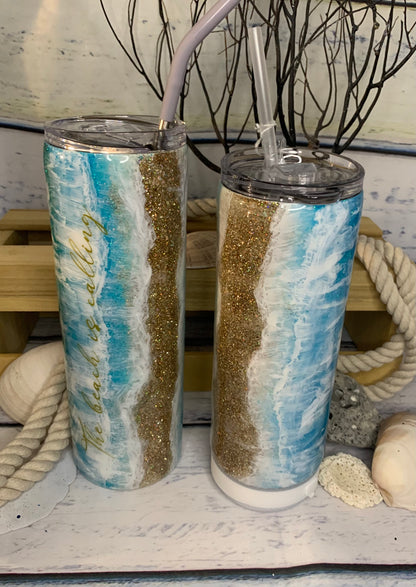 The beach is calling Glitter beach epoxy tumbler