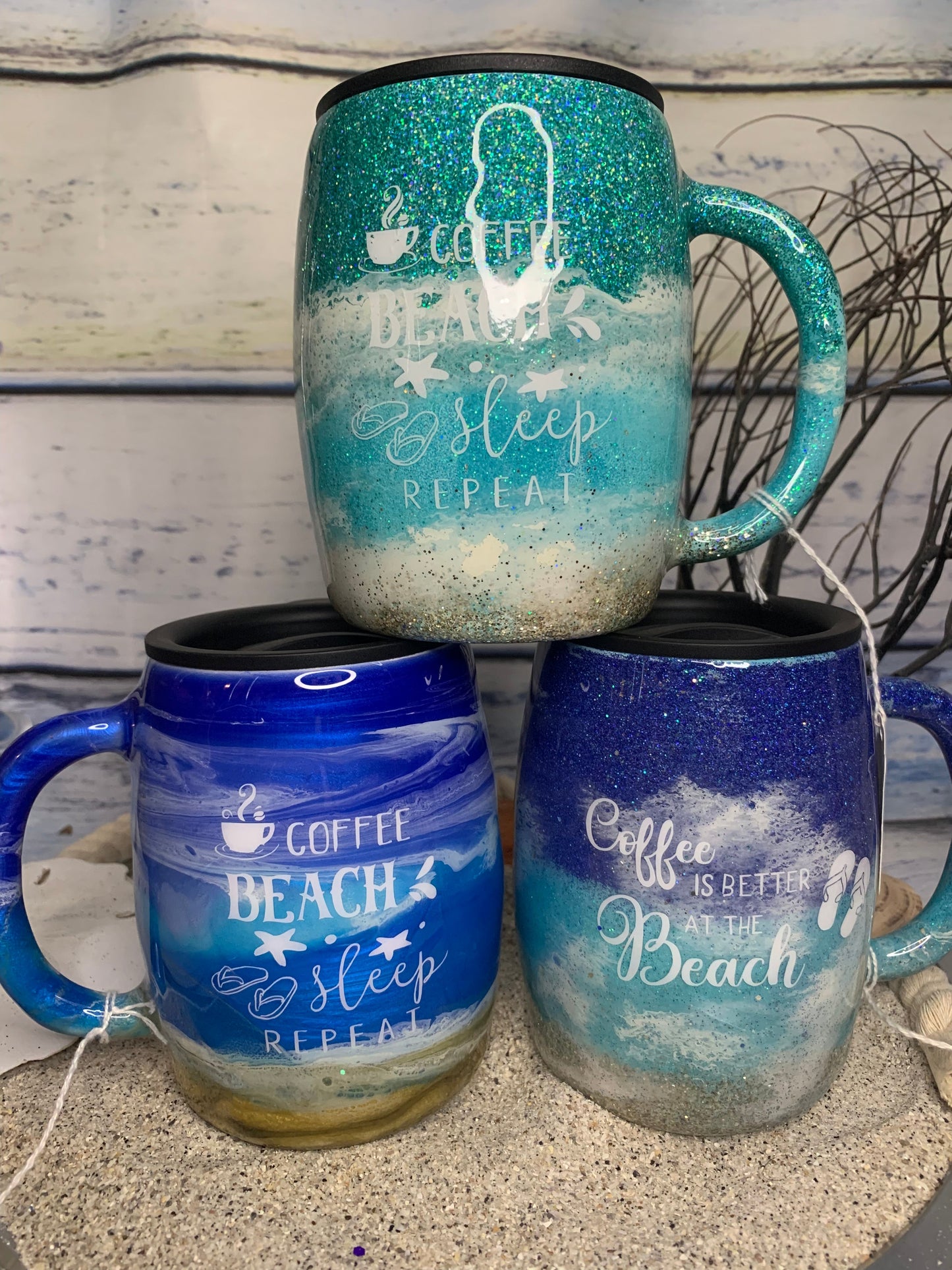 Coffee Beach Sleep Repeat Glitter beach epoxy tumbler