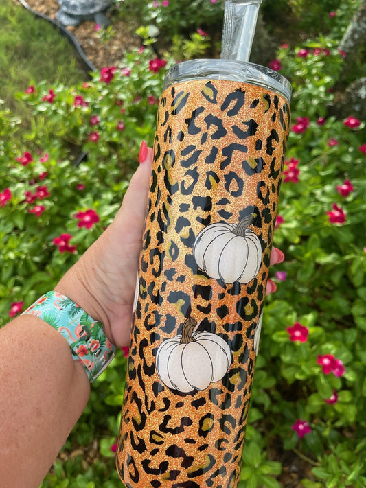 Cheetah pumpkin glitter epoxy tumbler