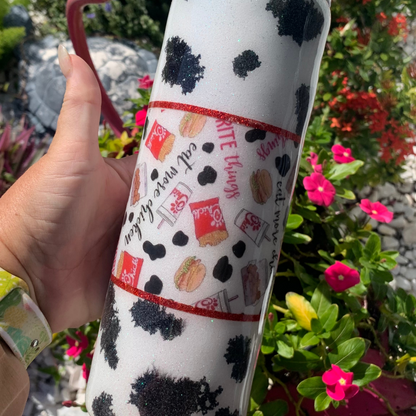 cow print Chick-fil-A glitter epoxy tumbler