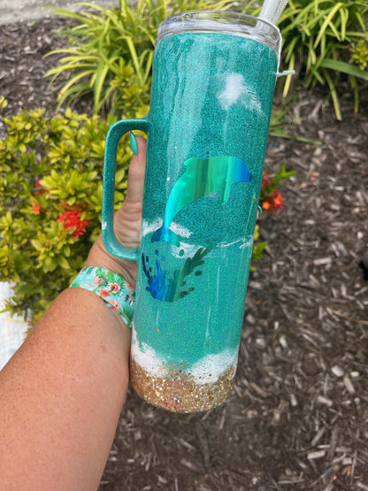 Beach cup with holographic dolphin glitter epoxy tumbler