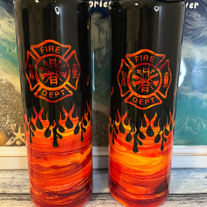 firefighter with flames epoxy tumbler