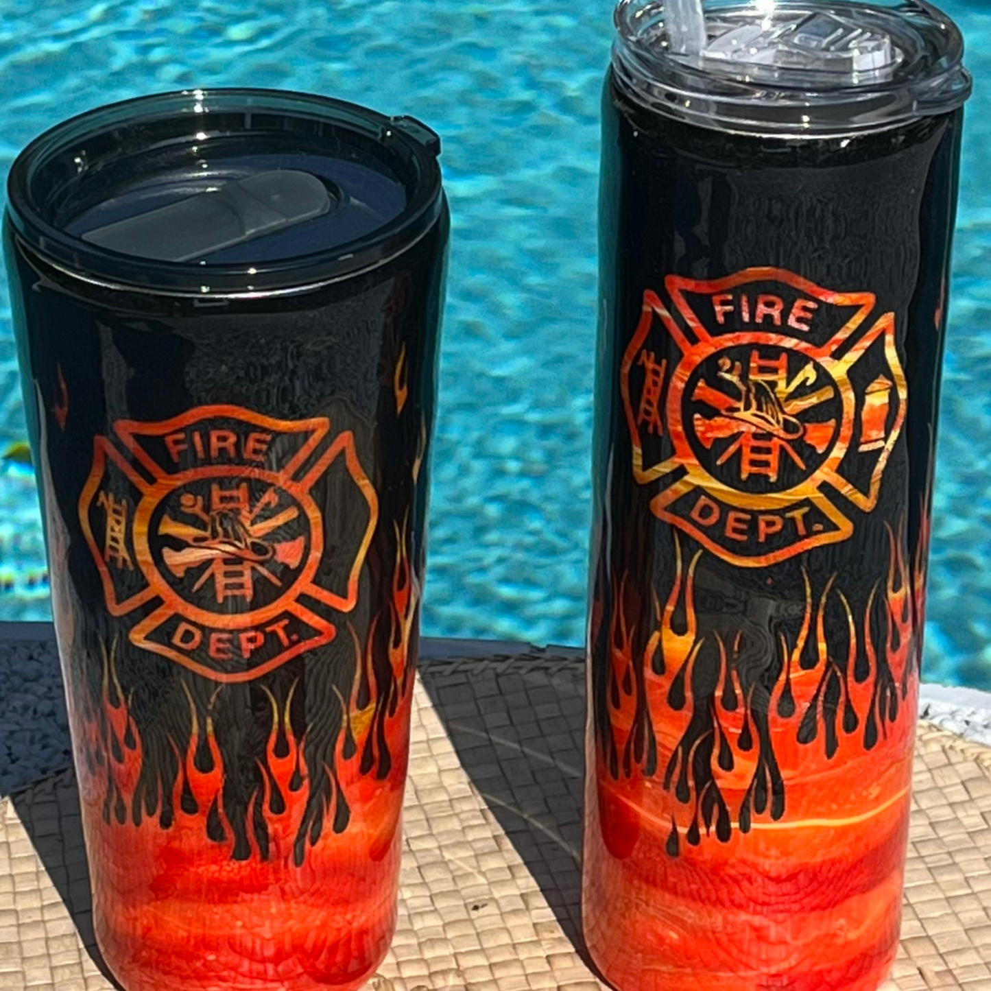 firefighter with flames epoxy tumbler