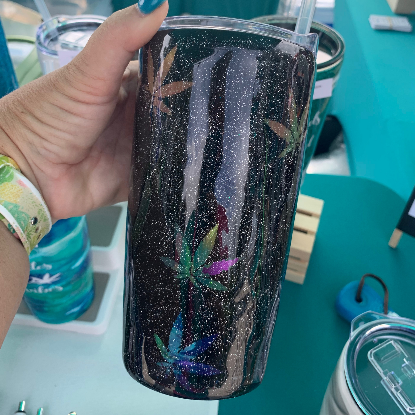 Glitter weed leaf peek a boo epoxy tumbler