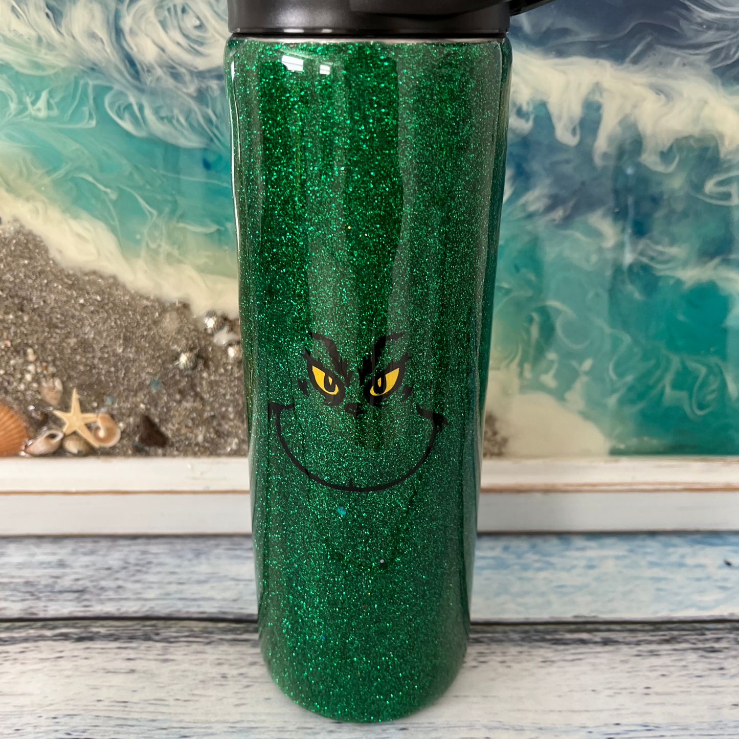 Grinch face glitter epoxy tumbler