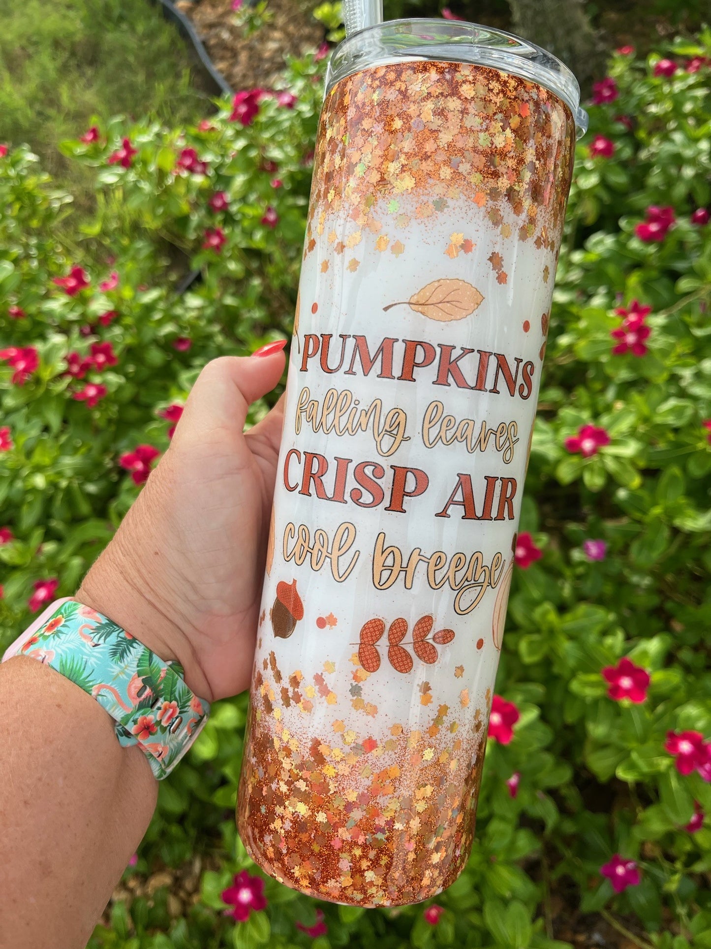 Pumpkins falling leaves glitter epoxy tumbler