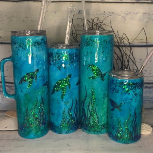 Sea turtle peek a boo glitter epoxy tumbler