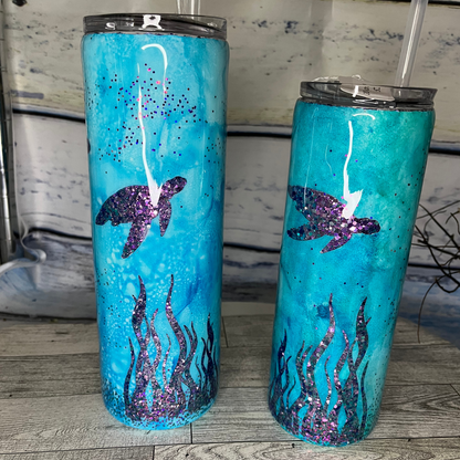 Sea turtle peek a boo glitter epoxy tumbler