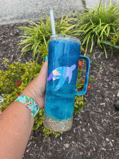 Beach cup with holographic turtle glitter epoxy tumbler