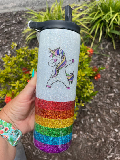 rainbow dabbing unicorn epoxy tumbler