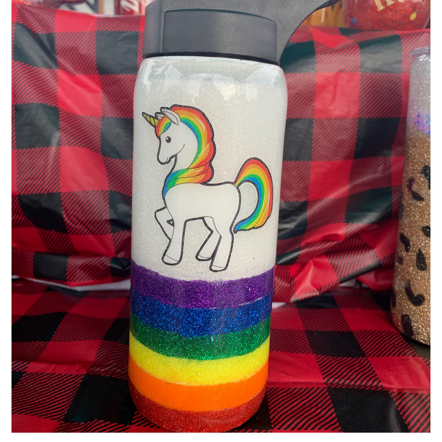 rainbow unicorn glitter epoxy tumbler