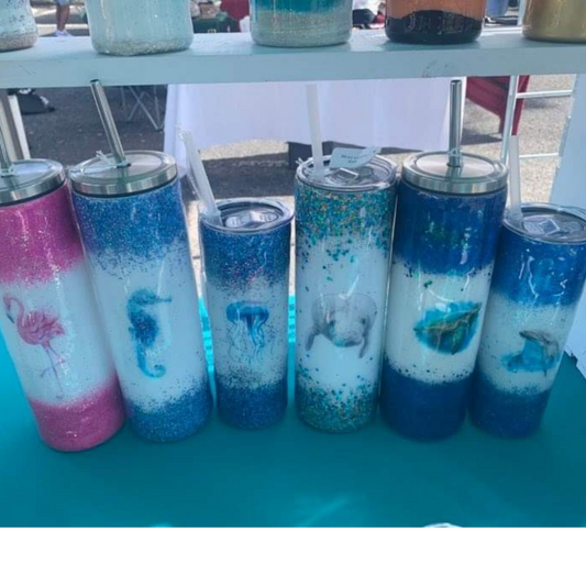 Water color sea creatures glitter epoxy tumbler