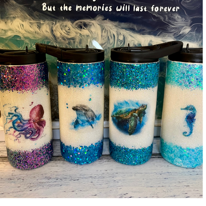 Water color sea creatures glitter epoxy tumbler