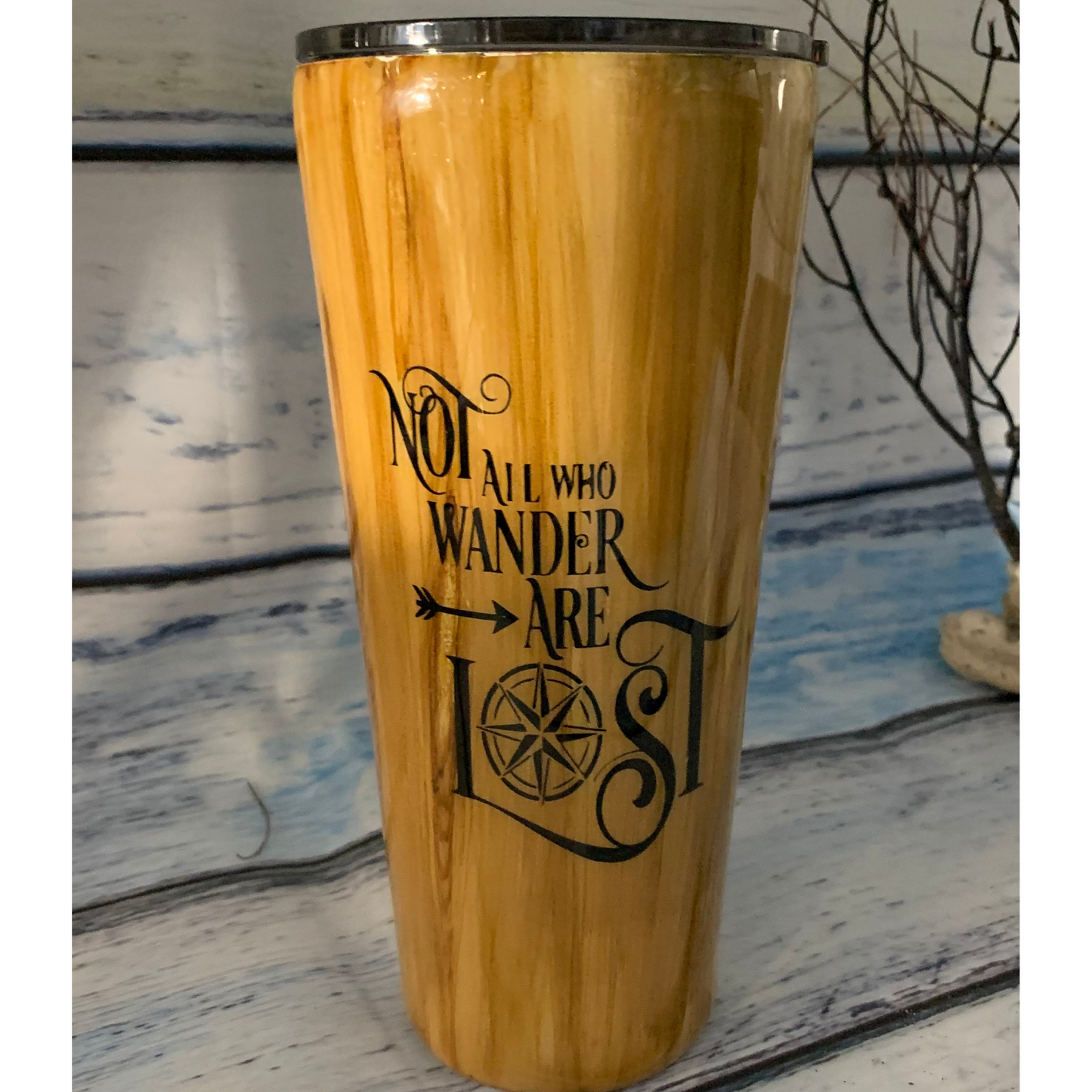 Not all who wander are lost wood look epoxy tumbler